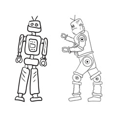 Dessin vectoriel de deux robots dans des poses différentes.