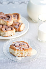 Sweet cinnamon rolls served with a glass of milk.