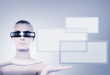 Beautiful cyber woman isolated on blue background