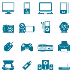Set of 16 blue computer and media icons.