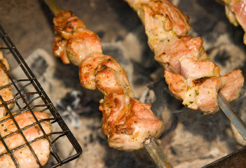 Shish kebab roasting on an open fire
