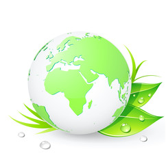 Green Earth planet  with leaves and water drops