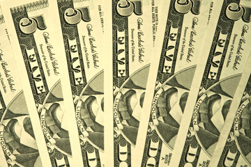 Five dollar bills fanned out