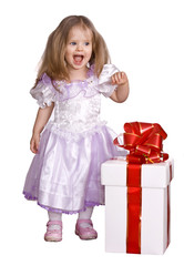 Girl in costume of doll with gift box.