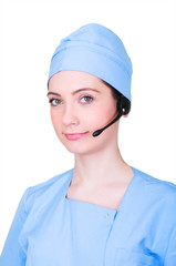 Medical call center concept - girl with headphone isolated on wh