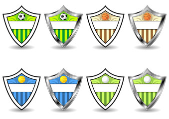 Soccer tennis basketball and golf sport shields over white