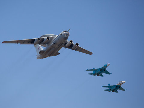 russian airforce military VKS airplains, jet fighters, AWACS Beriev A-50