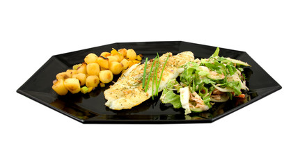 Plate with fish, potatoes and lettuce