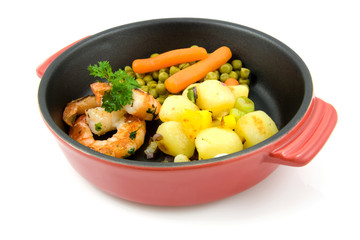red pan with meal isolated on white background