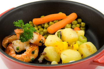 red pan with meal isolated on white background