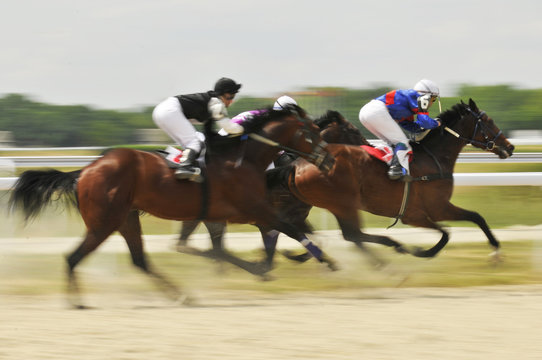 Fototapeta Slow shutter, racing jockeys and horses