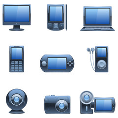 Nine dark blue computer and media icons.