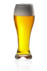 Glass of beer close-up with froth over white background