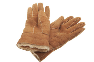 pair of winter sheepskin gloves on white
