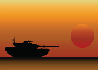 Military Tank Silhouetted Against Dawn or Dusk Sky