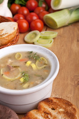 vegetable soup on wooden table