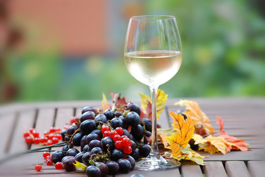 Ein Glas Weißwein mit Weintrauben