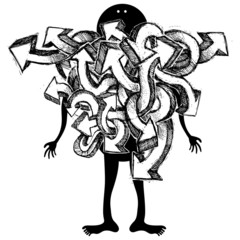 Lot of graffiti arrows into a silhouette man