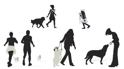 people with their dogs silhouettes