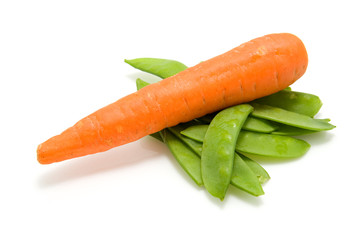 Fresh Chinese pods with carrot over white background