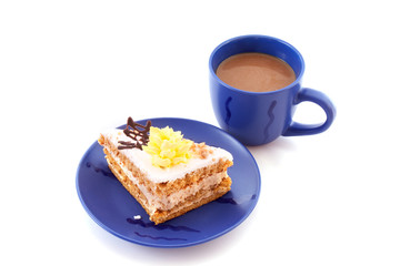 Cheese cake dessert with  coffee cup on white