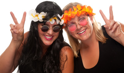 Two Beautiful Hippie Girls with Peace Signs