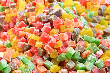 Fruited Turkish delight in various colours as background