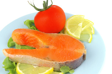 salmon steak on blue dish