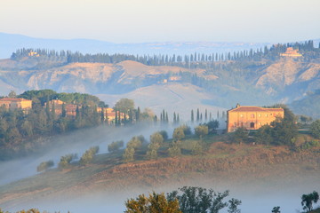 Podere, Bauernhaus, Zypressen, Morgennebel, Toskana, Italien