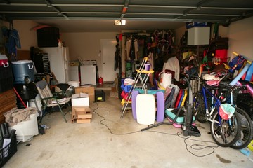 messy abandoned garage full of stuff - 15529715