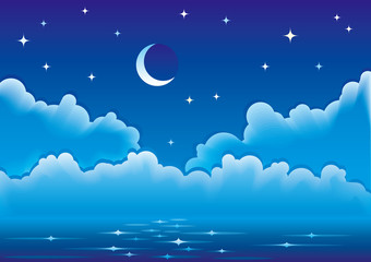 Paysage marin de nuit de vecteur avec des nuages, la lune et les étoiles