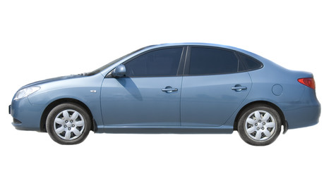 Blue sedan car isolated on white background.