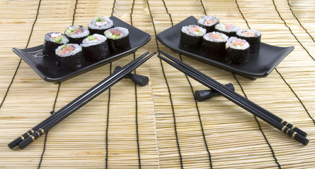 sushi on a bamboo mat