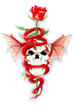 Dragon turn around skull with rose