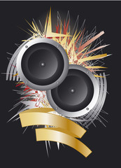 Two speakers against an abstract background