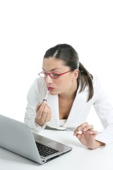 Business woman with red lipstick and laptop