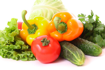 Peppers, tomato, cucumber and salad isolated