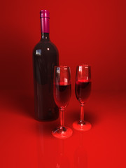Two glasses and bottle of wine on red
