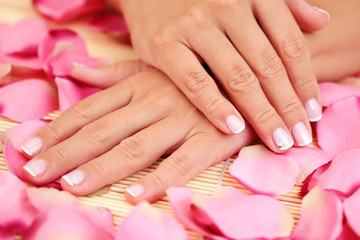 hand with rose petals