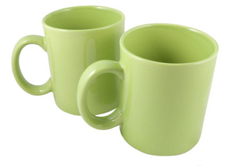 green coffee mugs isolated on white background