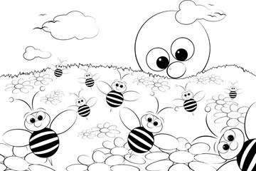 Coloring Page - Landscape with sun and bees