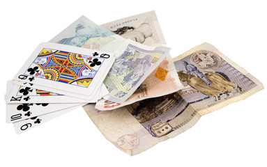 poker hand with cash isolated on white background