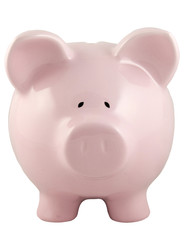 front view of pink piggy bank isolated on white
