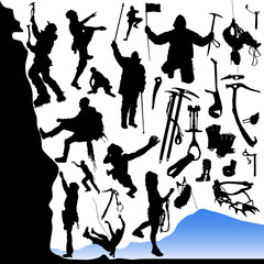 collection of climber and equipments vector