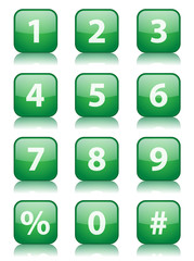 Square "Number" buttons with reflection (x12) (green)