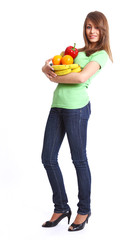 Young smiling woman with fruits and vegetables