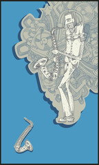 sax player - line drawing - blue background vector
