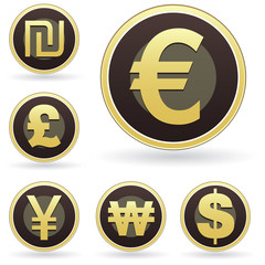 International currency symbol icon set on brown and gold buttons