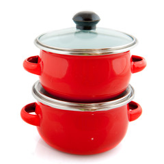 stacked red pans