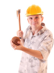 man with axe and coconut